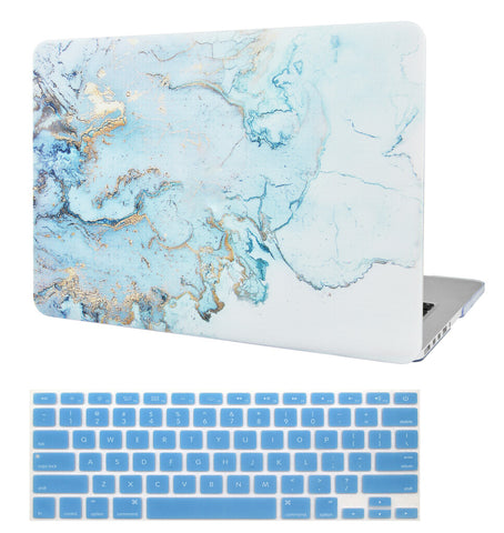 KECC Macbook Case with Cut Out Logo + Keyboard Cover Package | Blue Gold Marble