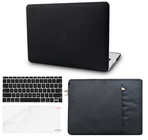 KECC Macbook Case with Cut Out Logo + Keyboard Cover, Screen Protector and Sleeve Package | Leather Collection - Black Leather