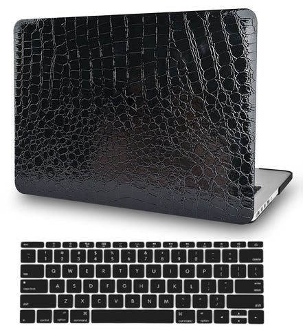 KECC Macbook Case with Cut Out Logo + Keyboard Cover Package |   Black Crocodile Leather