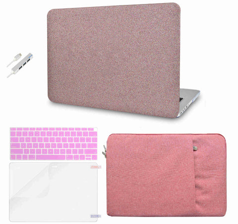 KECC Macbook Case with Cut Out Logo + Keyboard Cover, Screen Protector and Sleeve and USB | Baby pink sparkling