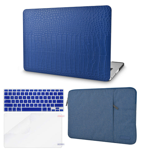 KECC Macbook Case with Cut Out Logo + Keyboard Cover, Screen Protector and Sleeve Package | Leather Collection-Matte Blue Crocodile Leather