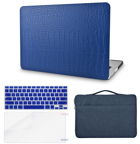 KECC Macbook Case with Cut Out Logo + Keyboard Cover, Screen Protector and Sleeve Sleeve Bag | Leather Collection-Matte Blue Crocodile Leather