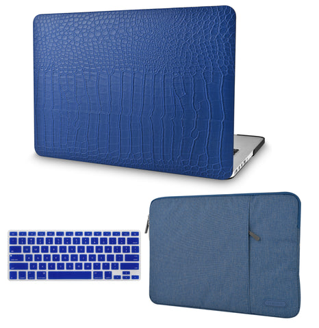 KECC Macbook Case with Cut Out Logo + Keyboard Cover and Sleeve Package | Matte Blue Crocodile Leather