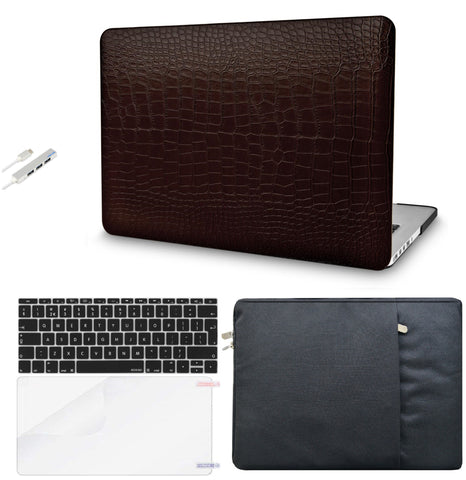 KECC Macbook Case with Cut Out Logo + Keyboard Cover, Screen Protector and Sleeve Sleeve Bag and USB |Matte Brown Crocodile Leather