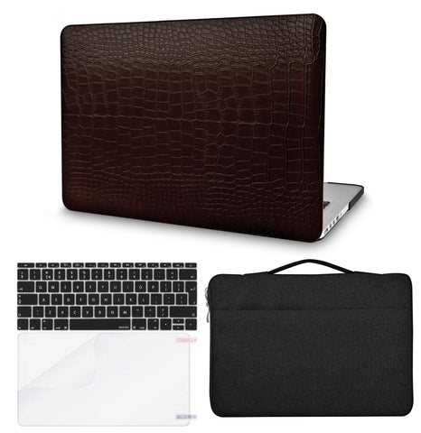 KECC Macbook Case with Cut Out Logo + Keyboard Cover, Screen Protector and Sleeve Sleeve Bag | Leather Collection-Matte Brown Crocodile Leather