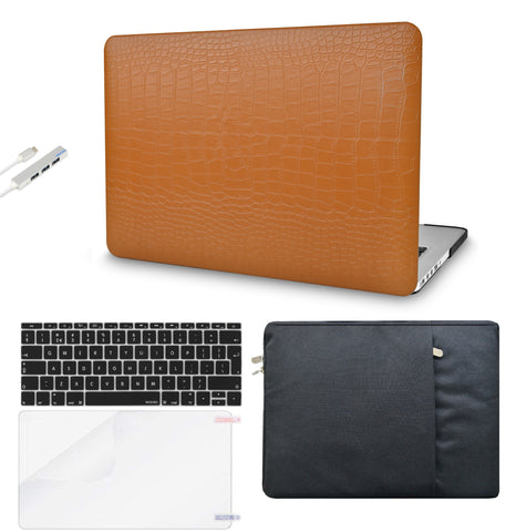 KECC Macbook Case with Cut Out Logo + Keyboard Cover, Screen Protector and Sleeve Sleeve Bag and USB |Matte Chestnut Crocodile Leather