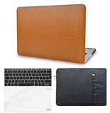 KECC Macbook Case with Cut Out Logo + Keyboard Cover, Screen Protector and Sleeve Package | Leather Collection-Matte Chestnut Crocodile Leather