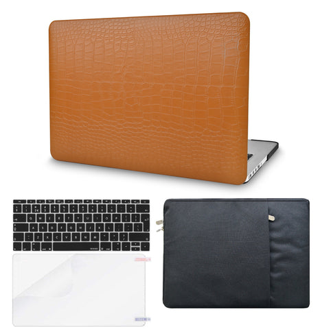 KECC Macbook Case with Cut Out Logo + Keyboard Cover, Screen Protector and Sleeve Package | Leather Collection-Matte Chestnut Crocodile Leather