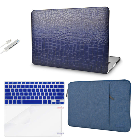 KECC Macbook Case with Cut Out Logo + Keyboard Cover, Screen Protector and Sleeve Sleeve Bag and USB |Matte Navy Crocodile Leather