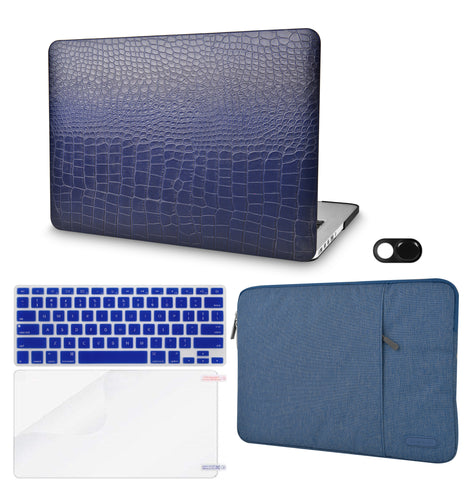 KECC Macbook Case with Cut Out Logo + Keyboard Cover, Screen Protector and Sleeve Bag and Webcam Cover| Leather Collection-Matte Navy Crocodile