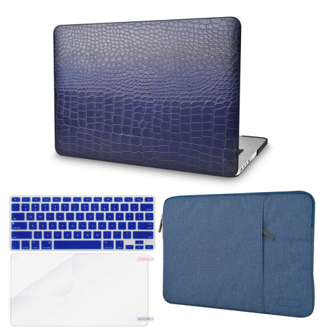 KECC Macbook Case with Cut Out Logo + Keyboard Cover, Screen Protector and Sleeve Package | Leather Collection-Matte Navy Crocodile Leather