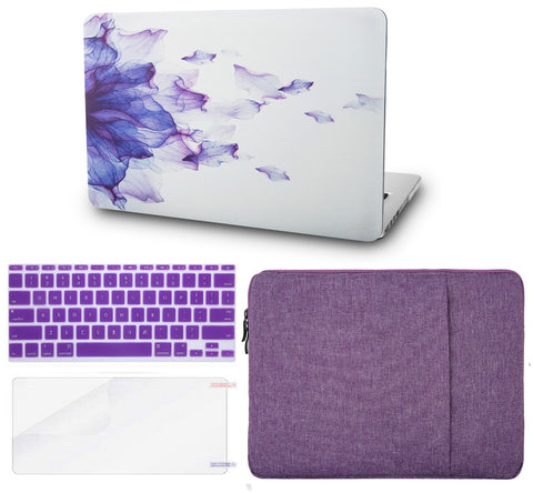 KECC Macbook Case with Cut Out Logo + Keyboard Cover, Screen Protector and Sleeve Package | Floral Collection - Purple Flower