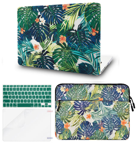 KECC Macbook Case with Cut Out Logo + Keyboard Cover, Screen Protector and Sleeve Package | Floral Collection - Palm Leaves Lilies