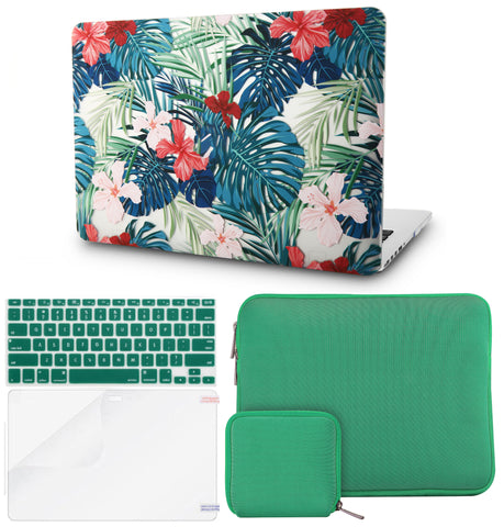 KECC Macbook Case with Cut Out Logo + Keyboard Cover + Slim Sleeve + Screen Protector + Pouch |Palm Leaves Red Flower