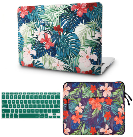 KECC Macbook Case with Cut Out Logo + Keyboard Cover and Sleeve Package | Floral Collection - Palm Leaves Red Flower