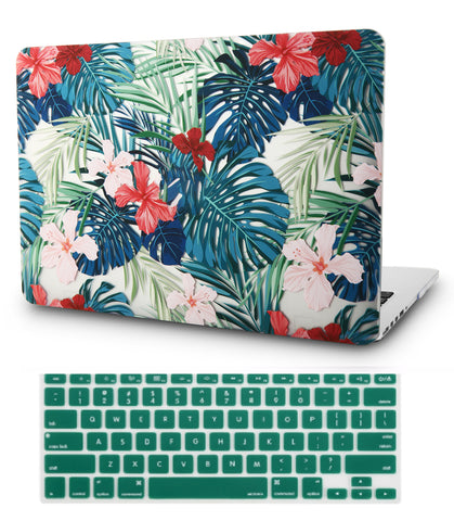 KECC Macbook Case with Cut Out Logo + Keyboard Cover Package | Floral Collection - Palm Leaves Red Flower