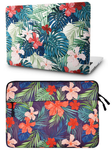 KECC Macbook Case with Cut Out Logo + Sleeve Package | Floral Collection - Palm Leaves Red Flower