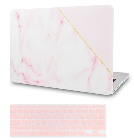 KECC Macbook Case with Cut Out Logo + Keyboard Cover Package | Color Collection - Pink Marble with Gold Stripe