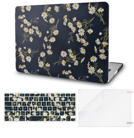 KECC Macbook Case with Cut Out Logo + Keyboard Cover and Screen Protector Package | Floral Collection -White Daisies