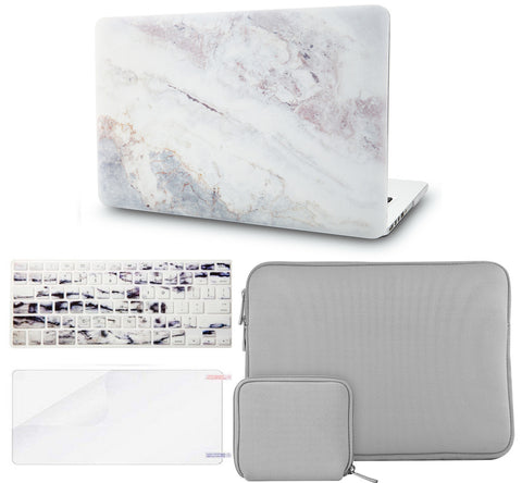 KECC Macbook Case with Cut Out Logo + Keyboard Cover + Slim Sleeve + Screen Protector + Pouch |White Marble 2