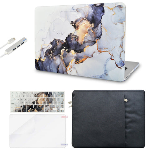 KECC Macbook Case with Cut Out Logo + Keyboard Cover, Screen Protector and Sleeve Sleeve Bag and USB |White Marble Blue Gold