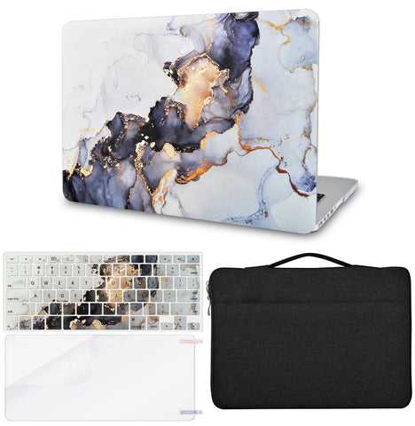 KECC Macbook Case with Cut Out Logo + Keyboard Cover, Screen Protector and Sleeve Bag |White Marble Blue Gold