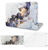 KECC Macbook Case with Cut Out Logo + Keyboard Cover and Screen Protector Package | White Marble Blue Gold