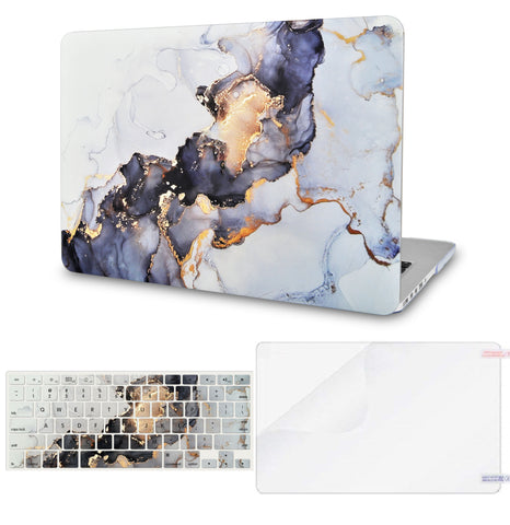 KECC Macbook Case with Cut Out Logo + Keyboard Cover and Screen Protector Package | White Marble Blue Gold