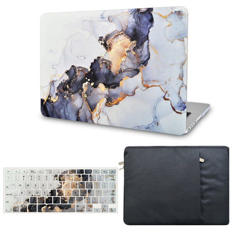 KECC Macbook Case with Cut Out Logo + Keyboard Cover and Sleeve Package |White Marble Blue Gold