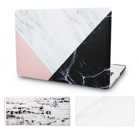 KECC Macbook Case with Cut Out Logo + Keyboard Cover and Screen Protector Package | Marble Collection - White Marble Pink Black