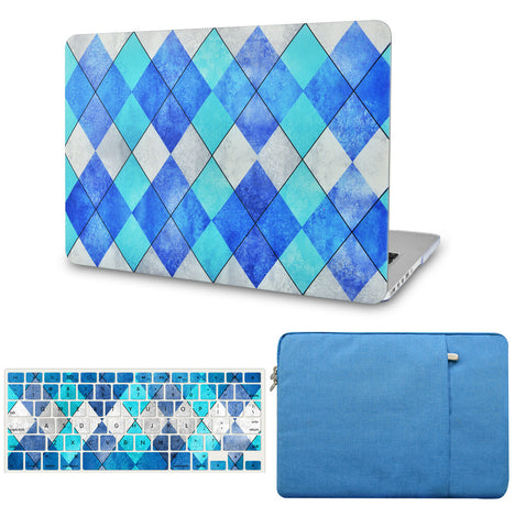 KECC Macbook Case with Cut Out Logo + Keyboard Cover and Sleeve Package |Blue Cyan Diamond