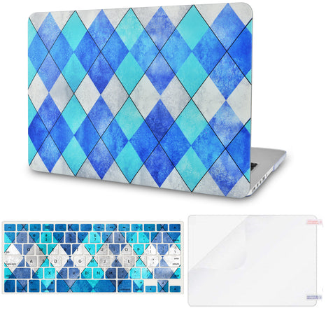 KECC Macbook Case with Cut Out Logo + Keyboard Cover and Screen Protector Package | Blue Cyan Diamond