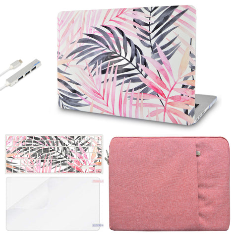 KECC Macbook Case with Cut Out Logo + Keyboard Cover, Screen Protector and Sleeve Sleeve Bag and USB |Leaf - Pink Grey