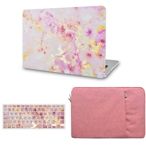 KECC Macbook Case with Cut Out Logo + Keyboard Cover and Sleeve Package |Pink Marble Gold Mist