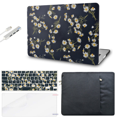 KECC Macbook Case with Cut Out Logo + Keyboard Cover, Screen Protector and Sleeve Sleeve Bag and USB |White Daisies
