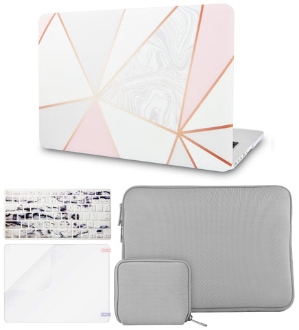 KECC Macbook Case with Cut Out Logo + Keyboard Cover + Slim Sleeve + Screen Protector + Pouch |White Marble with Pink Grey 2