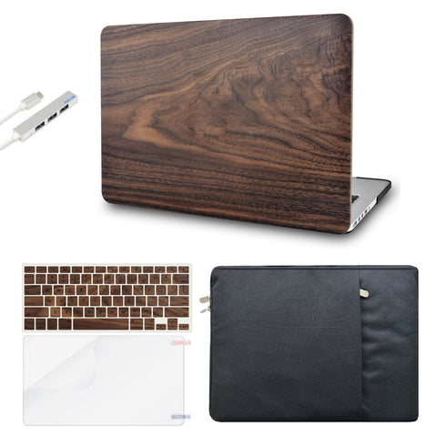 KECC Macbook Case with Cut Out Logo + Keyboard Cover, Screen Protector and Sleeve Sleeve Bag and USB |Walnut Wood