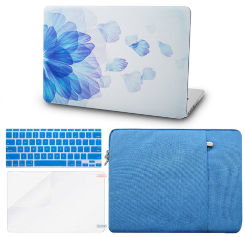 KECC Macbook Case with Cut Out Logo + Keyboard Cover, Screen Protector and Sleeve Package | Floral Collection - Blue Flower