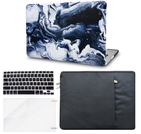 KECC Macbook Case with Cut Out Logo + Keyboard Cover, Screen Protector and Sleeve Package | Marble Collection - Black Grey Marble