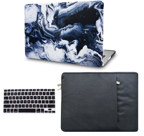 KECC Macbook Case with Cut Out Logo + Keyboard Cover and Sleeve Package | Marble Collection - Black Grey Marble