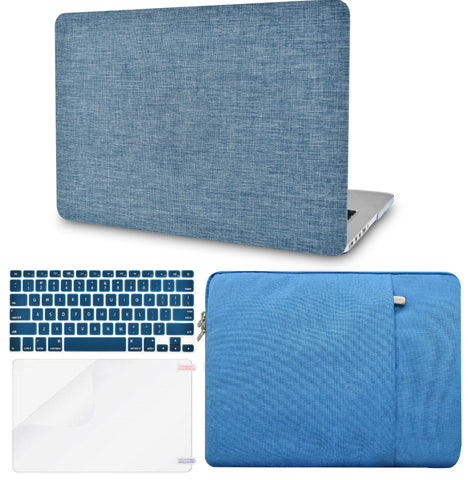 KECC Macbook Case with Cut Out Logo + Keyboard Cover, Screen Protector and Sleeve Package | Color Collection - Blue Fabric