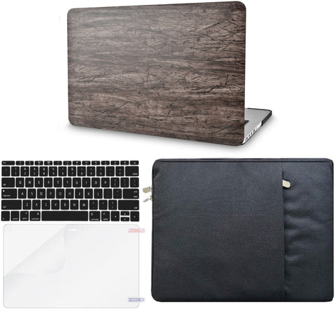 KECC Macbook Case with Cut Out Logo + Keyboard Cover, Screen Protector and Sleeve Package | Leather Collection - Brown Wood Leather