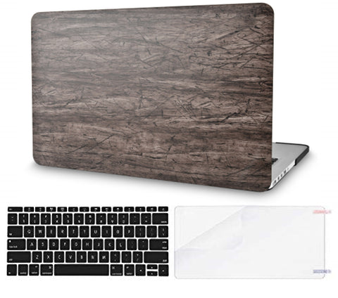 KECC Macbook Case with Cut Out Logo + Keyboard Cover and Screen Protector Package | Leather Collection - Brown Wood Leather