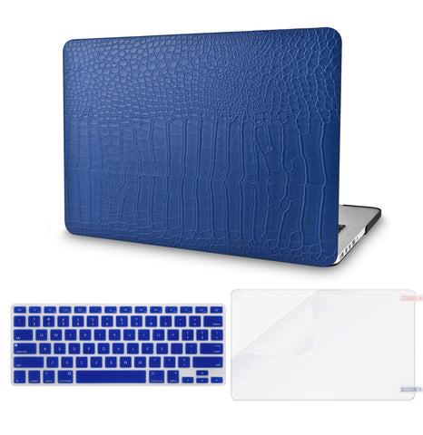 KECC Macbook Case with Cut Out Logo + Keyboard Cover and Screen Protector Package | Leather Collection - Matte Blue Crocodile Leather