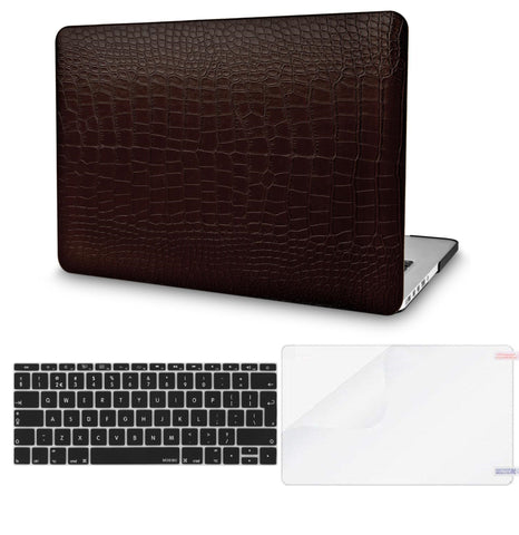 KECC Macbook Case with Cut Out Logo + Keyboard Cover and Screen Protector Package | Leather Collection - Matte Brown Crocodile Leather