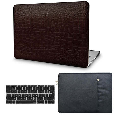KECC Macbook Case with Cut Out Logo + Keyboard Cover and Sleeve Package | Matte Brown Crocodile Leather