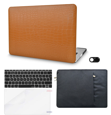 KECC Macbook Case with Cut Out Logo + Keyboard Cover, Screen Protector and Sleeve Sleeve Bag and Webcam Cover| Leather Collection-Matte Chestnut Crocodile