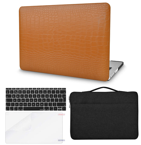 KECC Macbook Case with Cut Out Logo + Keyboard Cover, Screen Protector and Sleeve Sleeve Bag | Leather Collection-Matte Chestnut Crocodile Leather