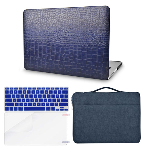 KECC Macbook Case with Cut Out Logo + Keyboard Cover, Screen Protector and Sleeve Bag | Leather Collection-Matte Navy Crocodile Leather