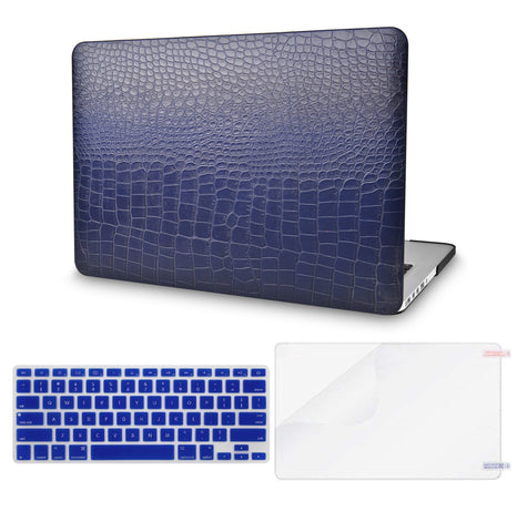 KECC Macbook Case with Cut Out Logo + Keyboard Cover and Screen Protector Package | Leather Collection - Matte Navy Crocodile Leather